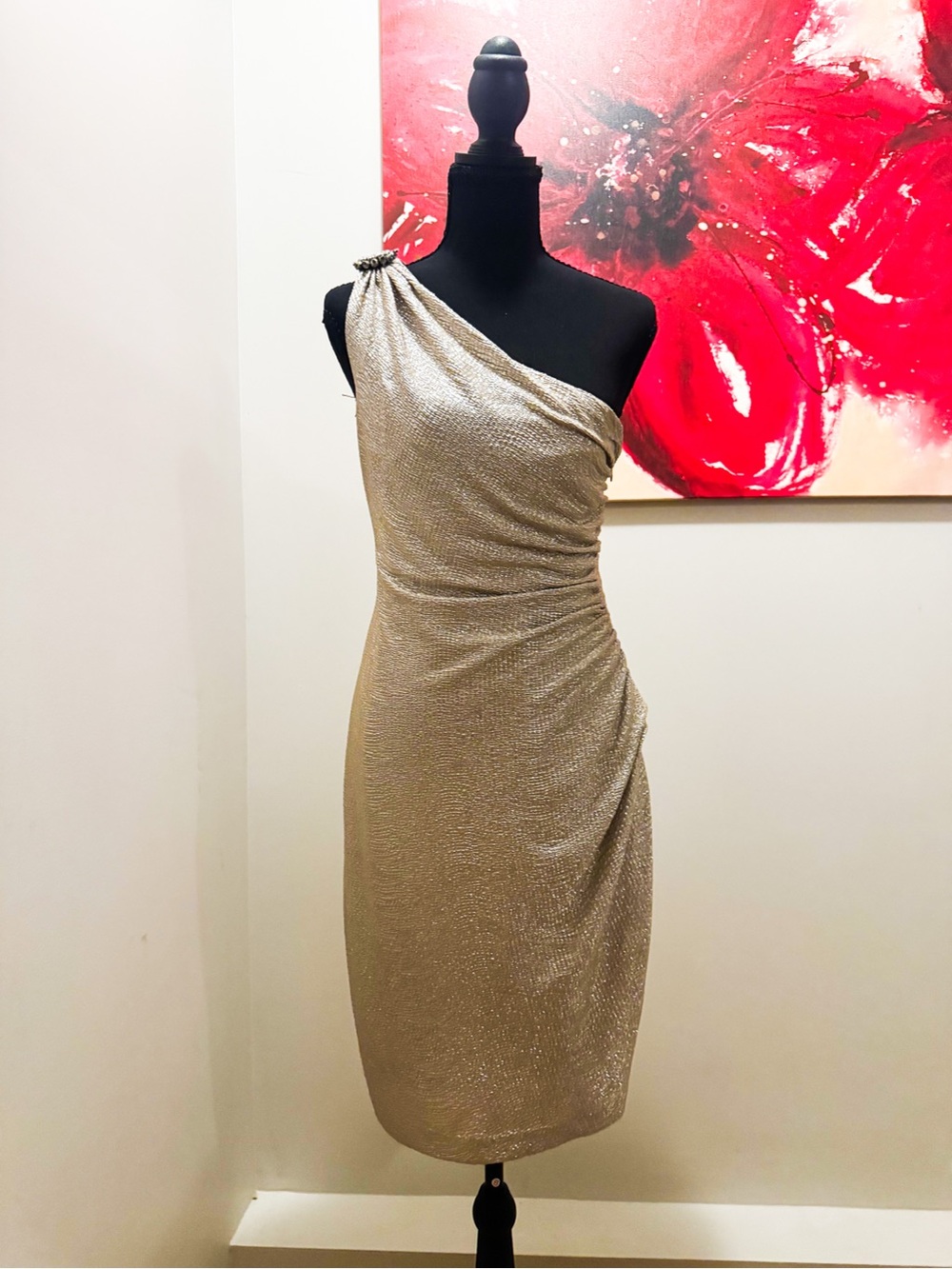 Maggy London One-Shoulder Metallic Silver Cocktail Dress